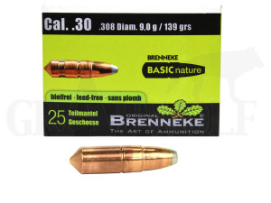 .308 / 7,62 mm 139 gr / 9,0 g Brenneke Basic Nature Geschosse 25 Stück