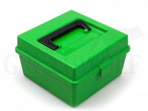 MTM Klappdeckelbox R-100-MAG grün für 100 Patronen Deluxe mit Griff: .338 LM, Gürtelhülsen